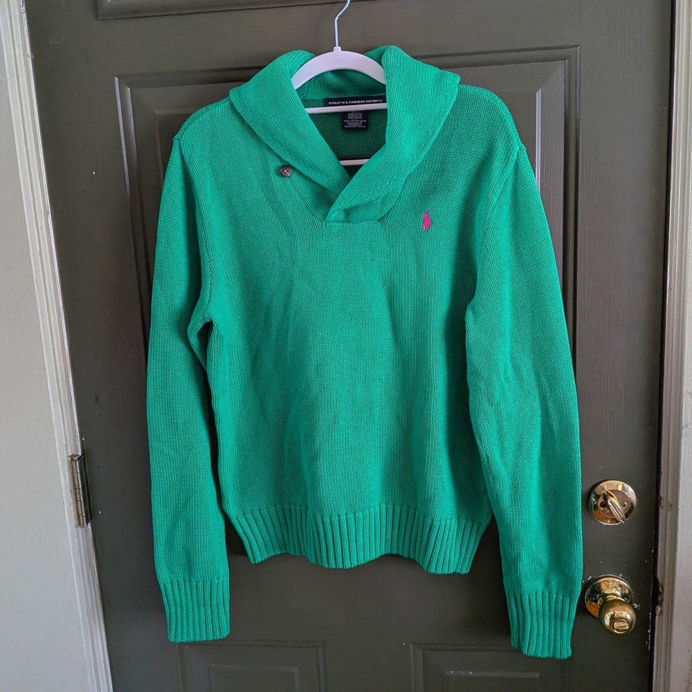 Ralph Lauren Sport Green Shawl Collar Cotton Knit‎ Sweater Pink Pony XL
